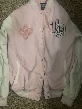 Seven Soul Pink Varsity Bomber Jacket with White Sleeves